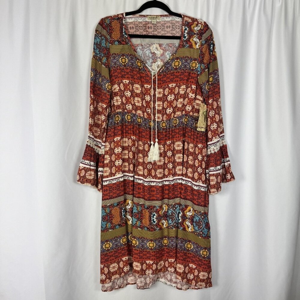 One World Boho Floral Peasant Dress Long Sleeve Tasseled Hippie Festival M New